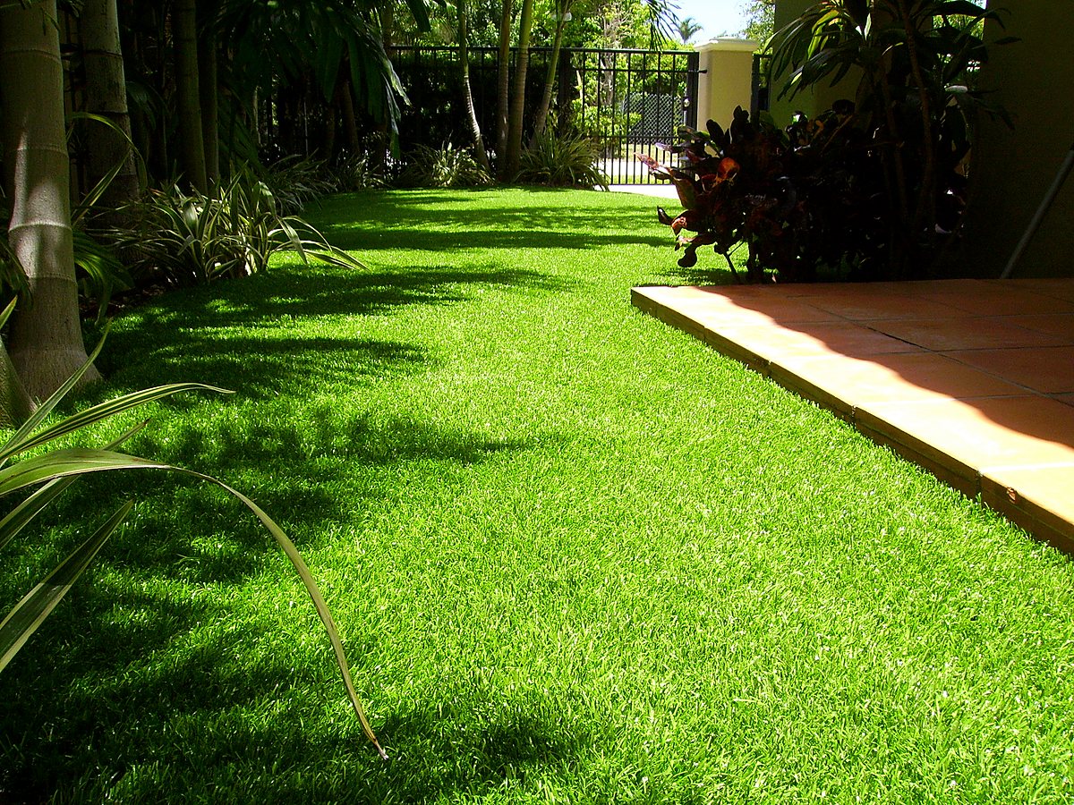 Lush synthetic side lawn with tropical landscaping